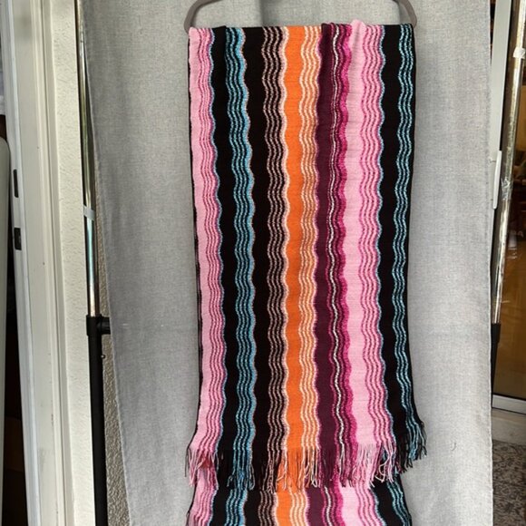 MISSONI 32% wool 24% viscose LUREX large fringe knit scarf multicolor - Picture 2 of 10